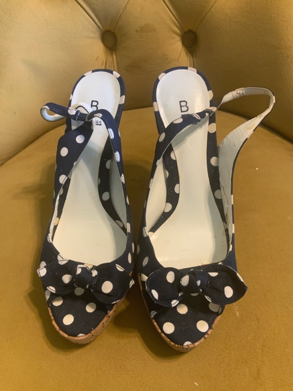 Bakers Navy Polka Dot Open-Toe Cork hills Mules